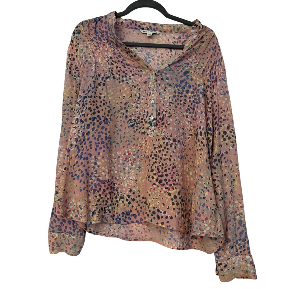 Zac & Rachel Womens Large Pink Multi Abstract Dot Print Long Sleeve‎ Blouse Top
